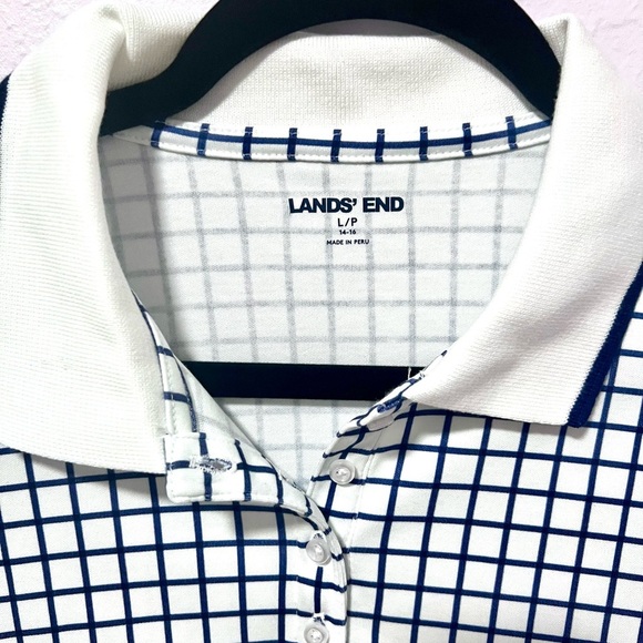 Lands' End Black and White Polo Shirt with Gingham Pattern LARGE - Picture 2 of 5
